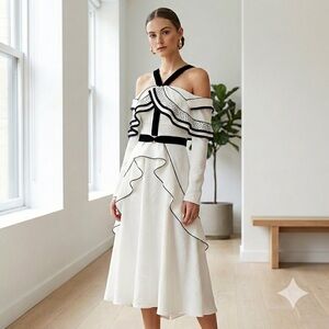 Proenza Schouler White & Black Silk Ruffle Cold Shoulder Midi Dress - US 2 / XS